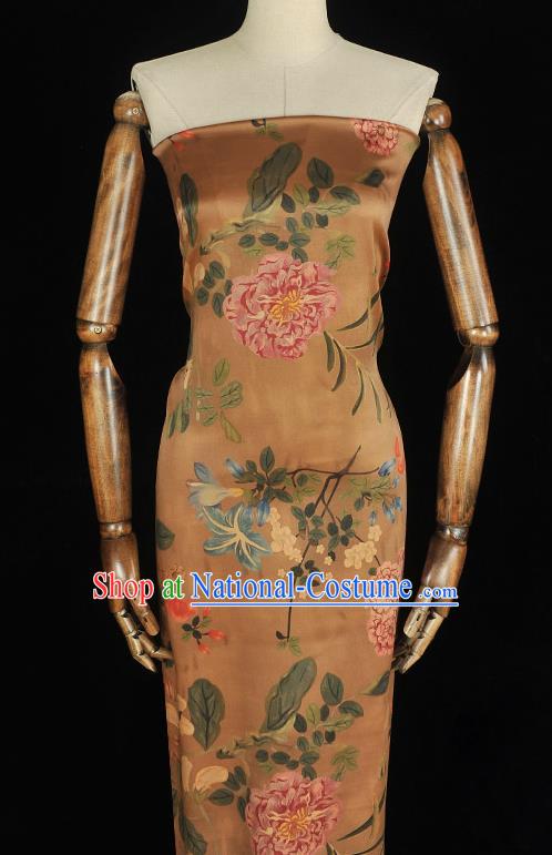 Chinese Traditional Gambiered Guangdong Gauze Cheongsam Brown Satin Cloth Classical Spring Flowers Pattern Silk Fabric