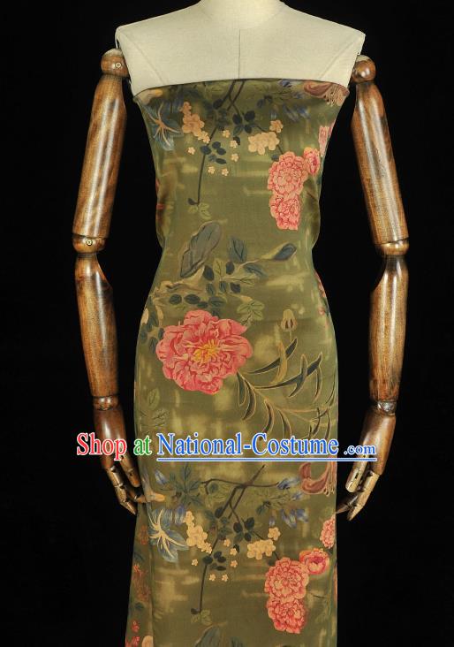 Chinese Cheongsam Classical Spring Flowers Pattern Silk Fabric Green Satin Cloth Traditional Gambiered Guangdong Gauze