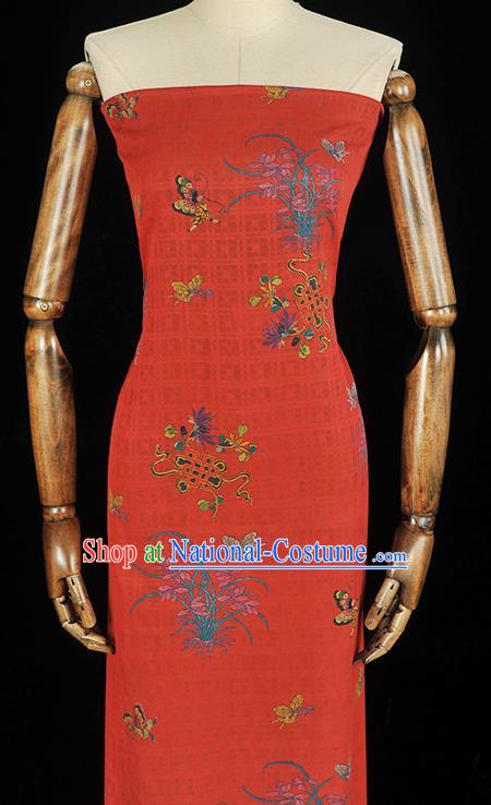 Chinese Cheongsam Classical Orchids Butterfly Pattern Silk Fabric Jacquard Cloth Traditional Red Gambiered Guangdong Gauze