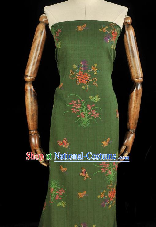 Chinese Cheongsam Jacquard Cloth Traditional Green Gambiered Guangdong Gauze Classical Orchids Butterfly Pattern Silk Fabric