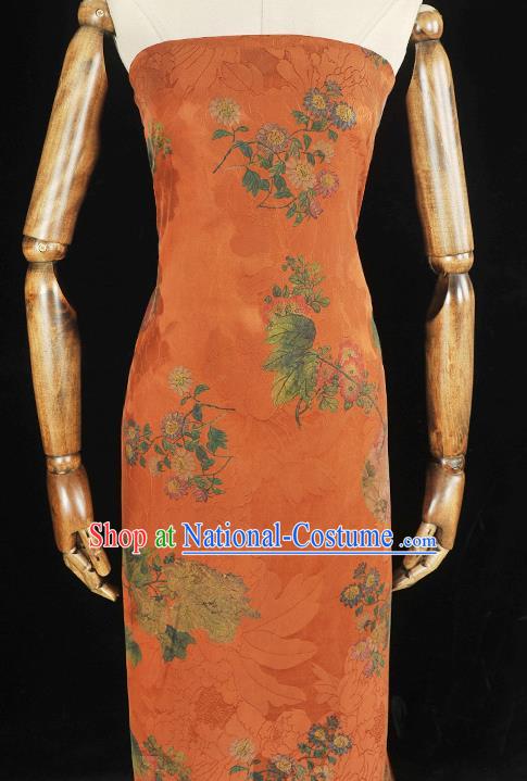 Chinese Traditional Gambiered Guangdong Gauze Jacquard Silk Fabric Cheongsam Classical Chrysanthemum Peony Pattern Orange Satin Cloth