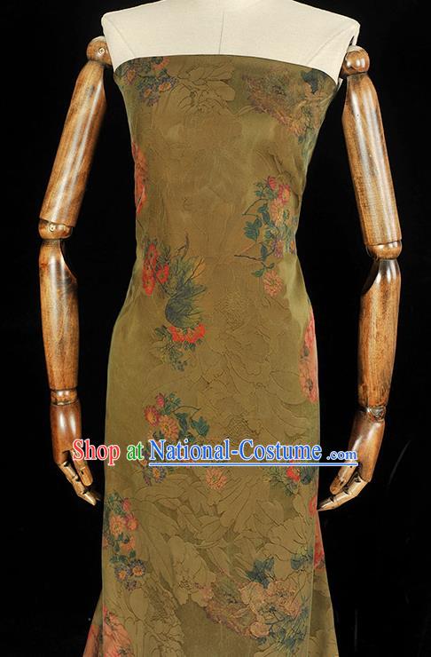 Chinese Cheongsam Classical Chrysanthemum Peony Pattern Green Satin Cloth Traditional Gambiered Guangdong Gauze Jacquard Silk Fabric