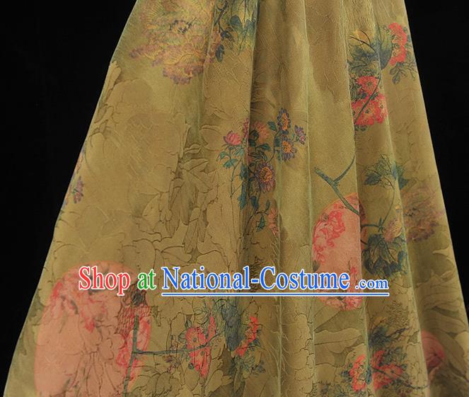 Chinese Cheongsam Classical Chrysanthemum Peony Pattern Green Satin Cloth Traditional Gambiered Guangdong Gauze Jacquard Silk Fabric