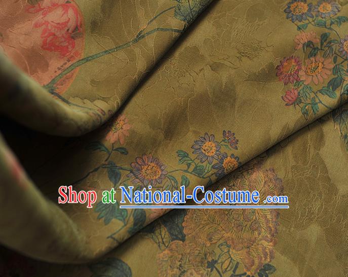 Chinese Cheongsam Classical Chrysanthemum Peony Pattern Green Satin Cloth Traditional Gambiered Guangdong Gauze Jacquard Silk Fabric