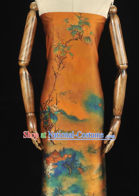 Chinese Cheongsam Classical Mountain Perch Pattern Satin Cloth Traditional Gambiered Guangdong Gauze Jacquard Ginger Silk Fabric