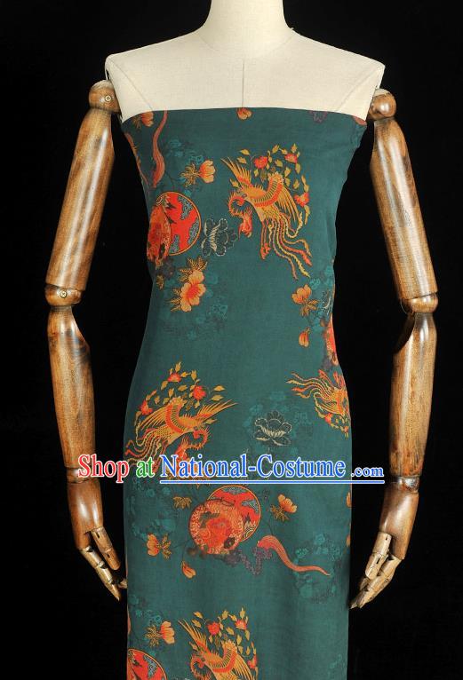 Chinese Gambiered Guangdong Gauze Classical Phoenix Peony Pattern Cloth Traditional Cheongsam Teal Silk Fabric