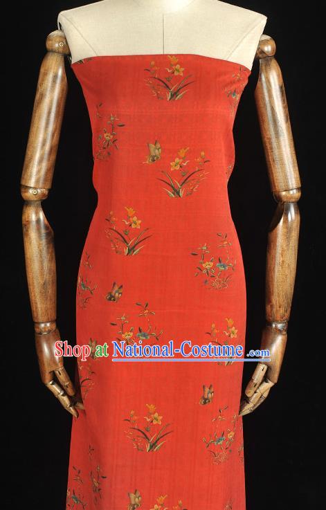 Chinese Classical Orchids Pattern Cloth Traditional Cheongsam Red Silk Fabric Gambiered Guangdong Gauze