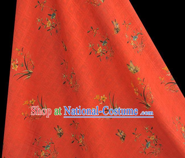 Chinese Classical Orchids Pattern Cloth Traditional Cheongsam Red Silk Fabric Gambiered Guangdong Gauze