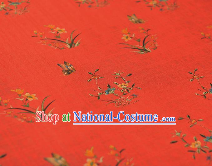 Chinese Classical Orchids Pattern Cloth Traditional Cheongsam Red Silk Fabric Gambiered Guangdong Gauze