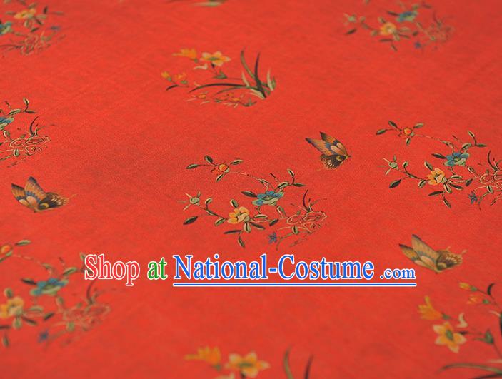 Chinese Classical Orchids Pattern Cloth Traditional Cheongsam Red Silk Fabric Gambiered Guangdong Gauze