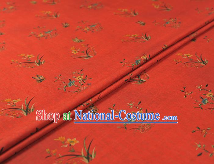 Chinese Classical Orchids Pattern Cloth Traditional Cheongsam Red Silk Fabric Gambiered Guangdong Gauze