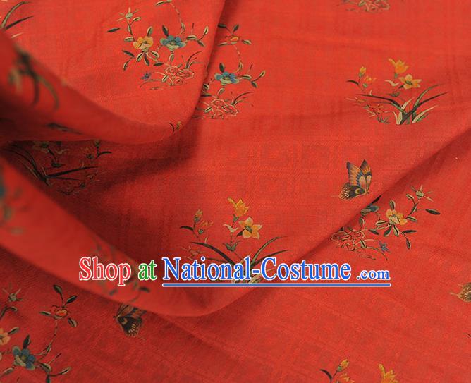 Chinese Classical Orchids Pattern Cloth Traditional Cheongsam Red Silk Fabric Gambiered Guangdong Gauze