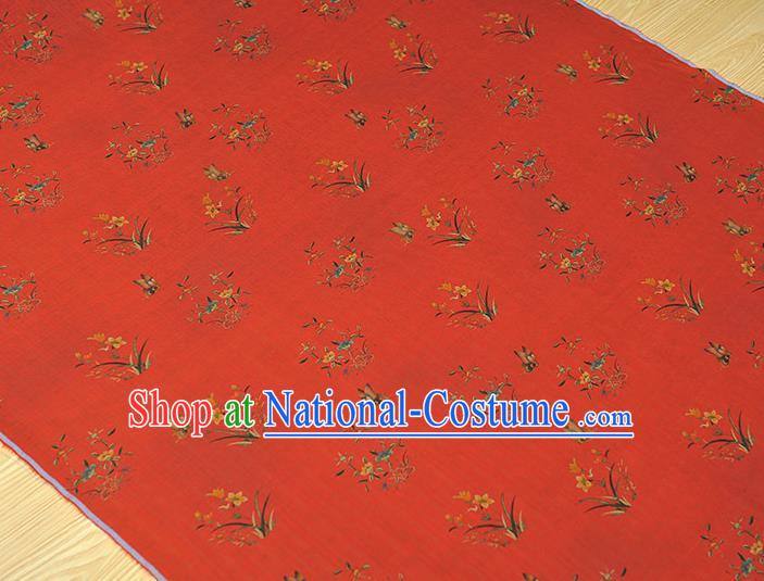 Chinese Classical Orchids Pattern Cloth Traditional Cheongsam Red Silk Fabric Gambiered Guangdong Gauze