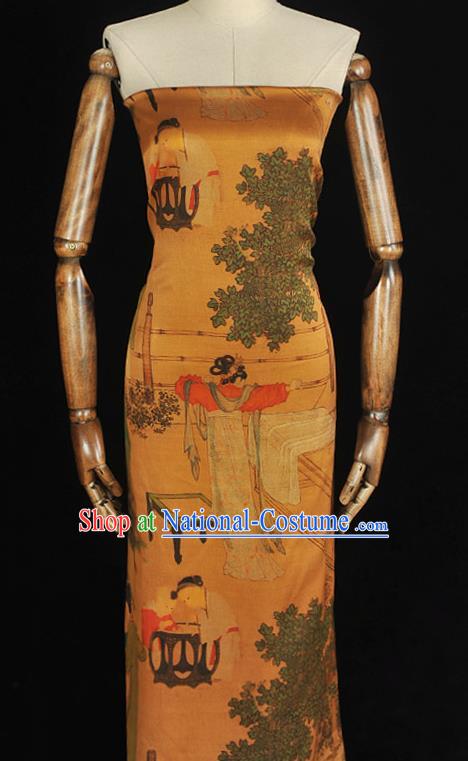 Chinese Traditional Ginger Gambiered Guangdong Gauze Classical Beauty Pattern Silk Fabric Cheongsam Satin Cloth