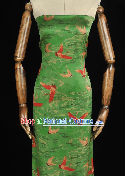 Chinese Satin Fabric Traditional Cheongsam Gambiered Guangdong Gauze Classical Cranes Pattern Green Silk Cloth