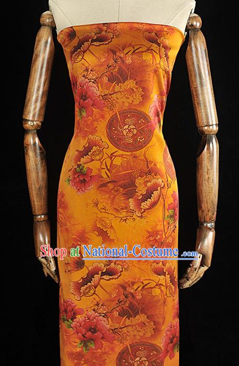 Chinese Traditional Fabric Ginger Gambiered Guangdong Gauze Cheongsam Satin Classical Lotus Peony Pattern Silk Material