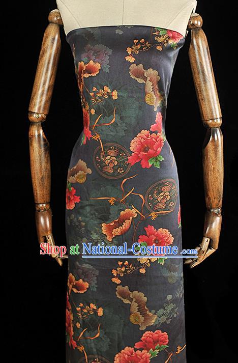 Chinese Classical Lotus Peony Pattern Silk Material Traditional Fabric Navy Gambiered Guangdong Gauze Cheongsam Satin