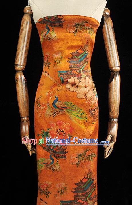 Chinese Classical Peacock Camellia Pattern Silk Material Traditional Fabric Gambiered Guangdong Gauze Cheongsam Orange Satin