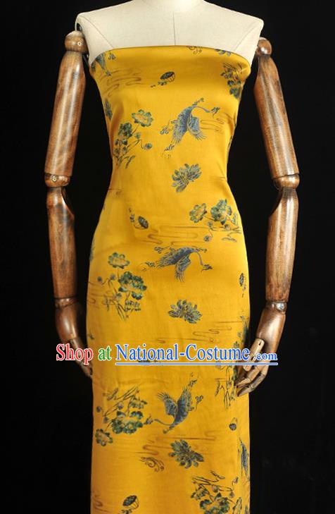 Chinese Classical Crane Lotus Pattern Silk Material Cheongsam Traditional Yellow Satin Fabric Gambiered Guangdong Gauze