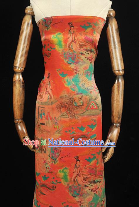 Traditional Red Gambiered Guangdong Gauze Chinese Cheongsam Jacquard Material Classical Goddess Pattern Silk Fabric