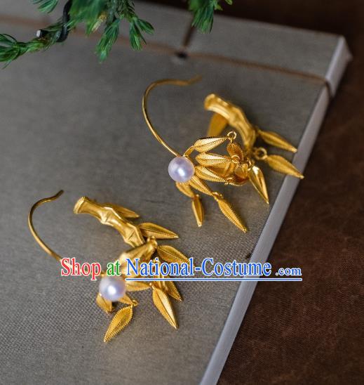 China Traditional Ancient Court Bamboo Leaf Ear Jewelry Ming Dynasty Empress Gilding Pearl Earrings