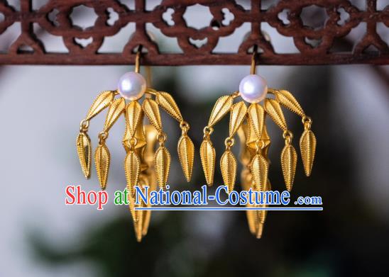 China Traditional Ancient Court Bamboo Leaf Ear Jewelry Ming Dynasty Empress Gilding Pearl Earrings