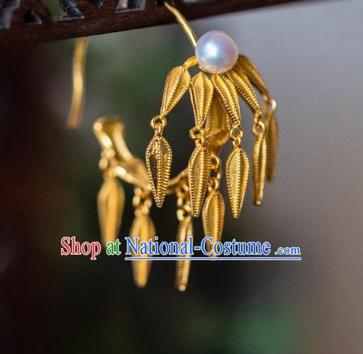 China Traditional Ancient Court Bamboo Leaf Ear Jewelry Ming Dynasty Empress Gilding Pearl Earrings