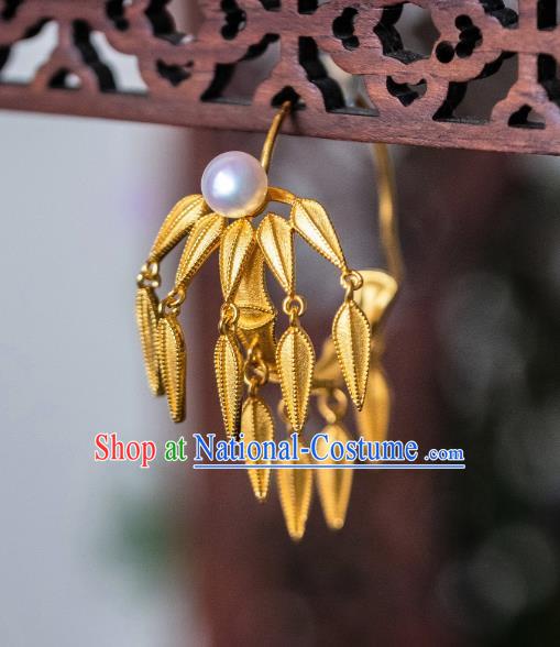 China Traditional Ancient Court Bamboo Leaf Ear Jewelry Ming Dynasty Empress Gilding Pearl Earrings