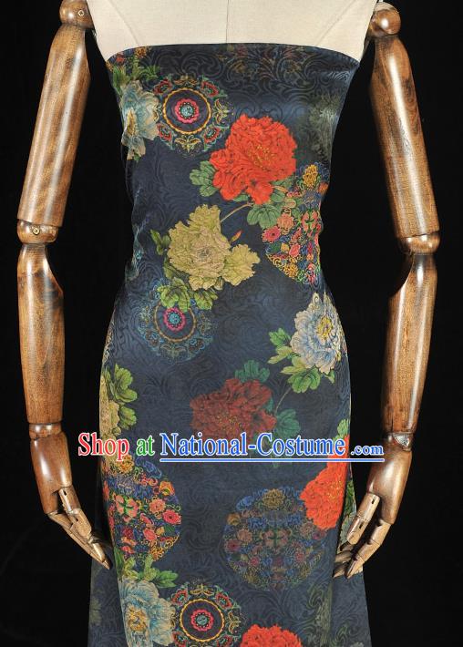 Chinese Classical Peony Pattern Silk Fabric Cheongsam Navy Gambiered Guangdong Gauze Traditional Cloth Material