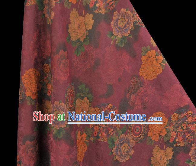 Chinese Cheongsam Gambiered Guangdong Gauze Material Traditional Jacquard Silk Cloth Classical Peony Pattern Wine Red Silk Fabric