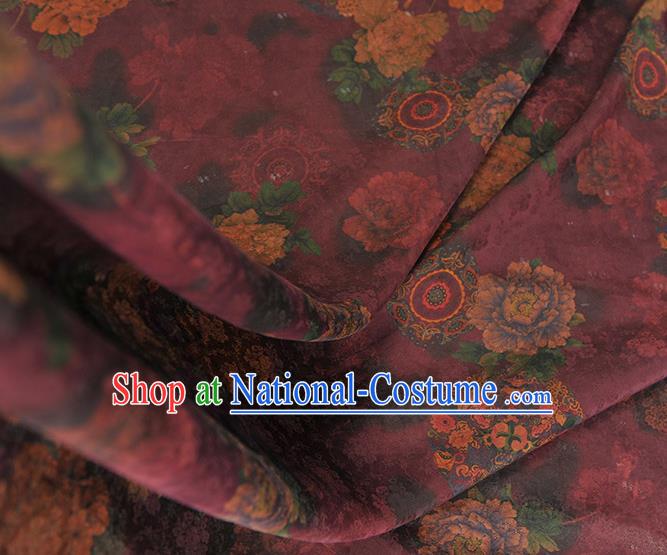 Chinese Cheongsam Gambiered Guangdong Gauze Material Traditional Jacquard Silk Cloth Classical Peony Pattern Wine Red Silk Fabric