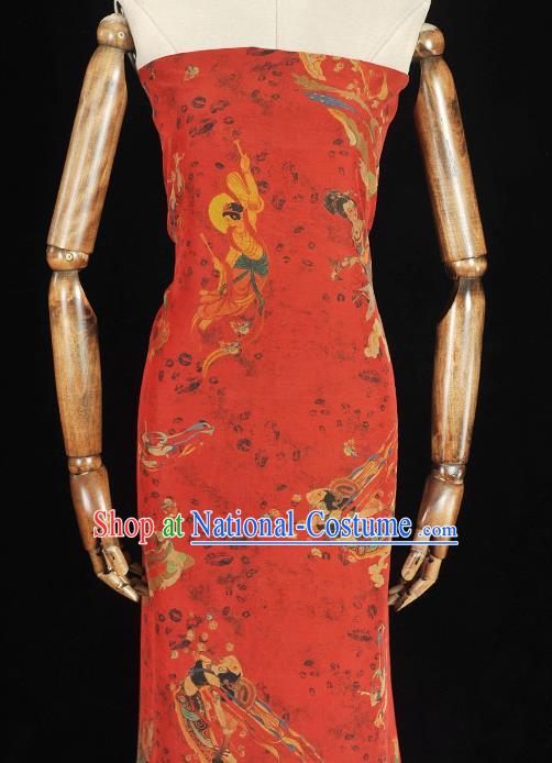 Chinese Traditional Cheongsam Silk Cloth Red Gambiered Guangdong Gauze Material Classical Goddess Pattern Silk Fabric