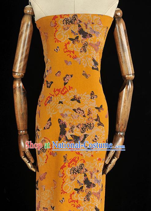 Chinese Traditional Butterfly Pattern Yellow Silk Fabric Cheongsam Gambiered Guangdong Gauze