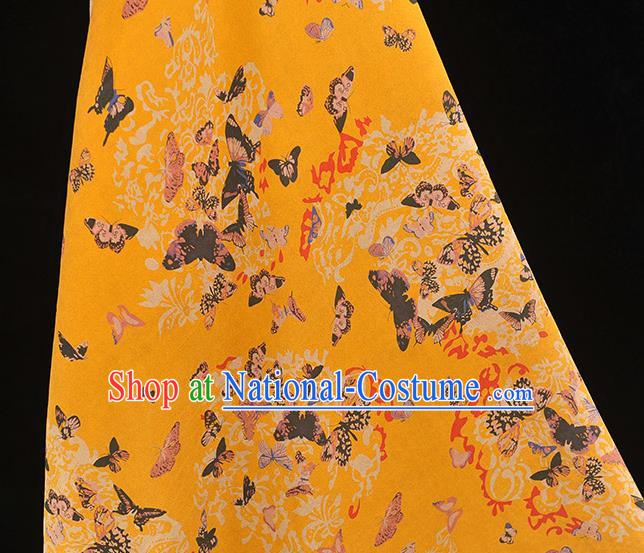 Chinese Traditional Butterfly Pattern Yellow Silk Fabric Cheongsam Gambiered Guangdong Gauze