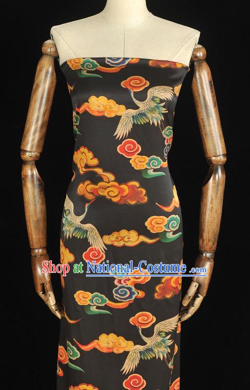 Chinese Traditional Cheongsam Gambiered Guangdong Gauze Classical Cloud Cranes Pattern Silk Cloth Black Satin Fabric