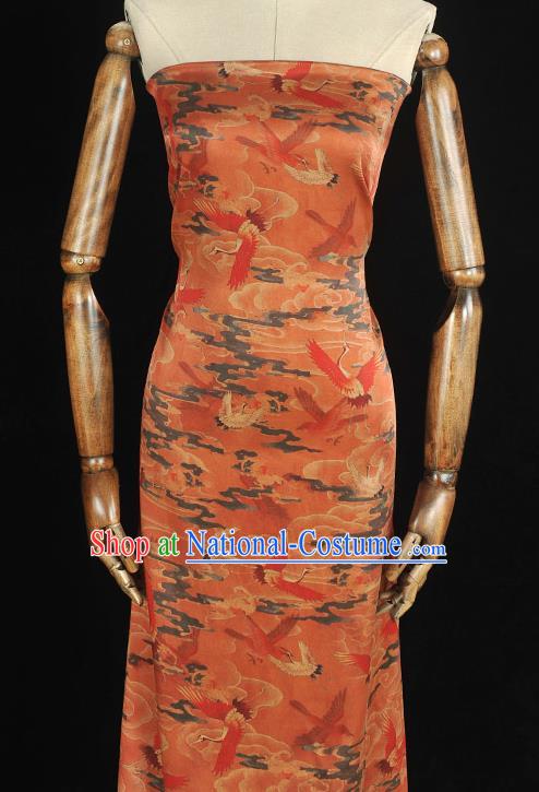 Chinese Classical Cranes Pattern Silk Cloth Rust Red Satin Fabric Traditional Cheongsam Gambiered Guangdong Gauze