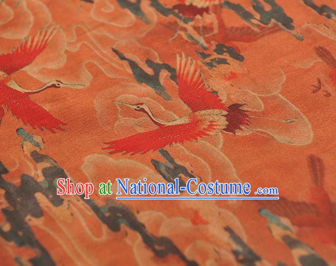 Chinese Classical Cranes Pattern Silk Cloth Rust Red Satin Fabric Traditional Cheongsam Gambiered Guangdong Gauze