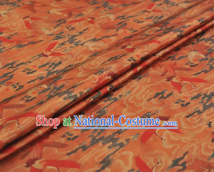 Chinese Classical Cranes Pattern Silk Cloth Rust Red Satin Fabric Traditional Cheongsam Gambiered Guangdong Gauze