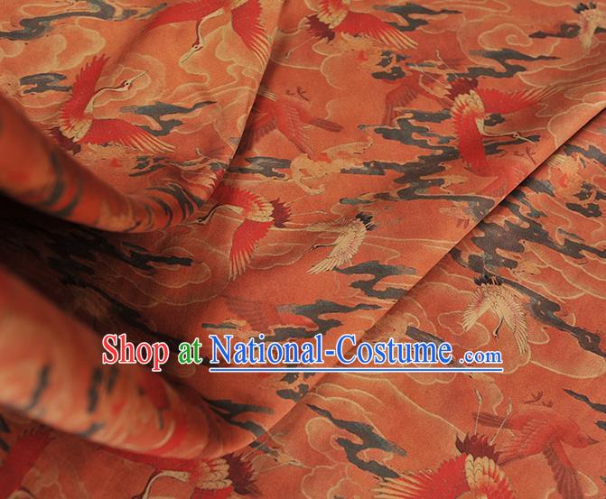 Chinese Classical Cranes Pattern Silk Cloth Rust Red Satin Fabric Traditional Cheongsam Gambiered Guangdong Gauze