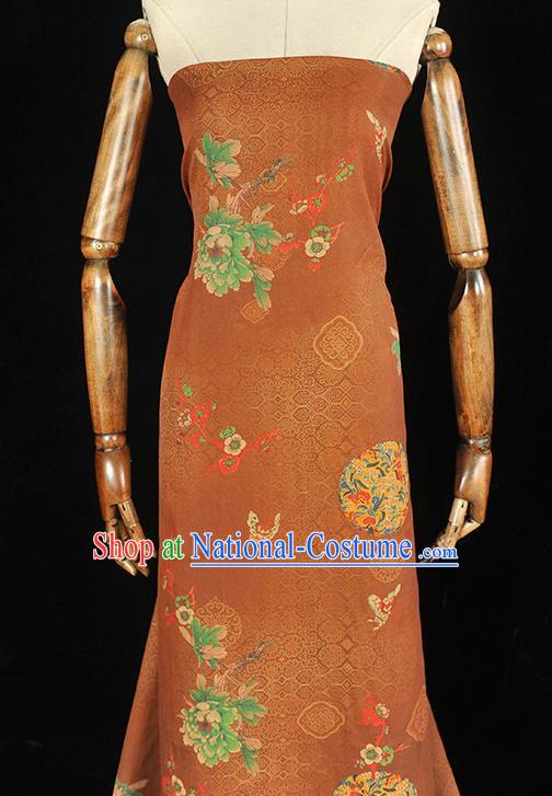 Brown Chinese Gambiered Guangdong Gauze Traditional Peony Butterfly Pattern Silk Fabric Classical Cheongsam Satin Material