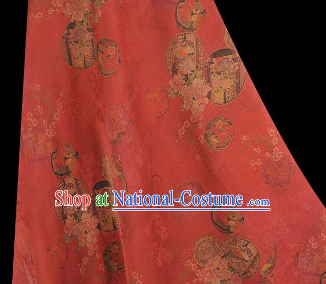 Top Chinese Traditional Pavilion Pattern Silk Material Classical Cheongsam Red Gambiered Guangdong Gauze Fabric