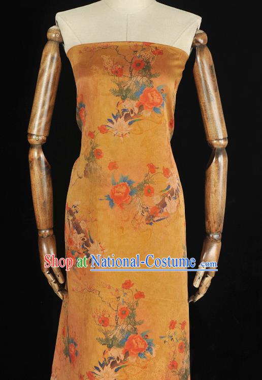 Top Chinese Jacquard Satin Classical Cheongsam Yellow Gambiered Guangdong Gauze Fabric Traditional Flowers Pattern Silk Material