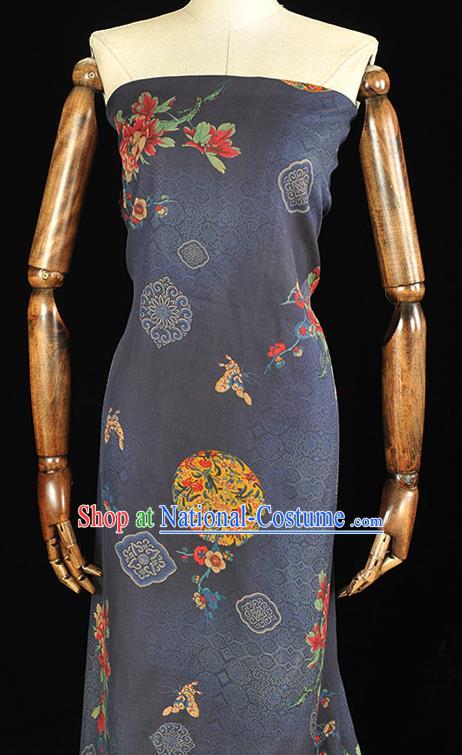 Top Traditional Peony Butterfly Pattern Navy Gambiered Guangdong Gauze Fabric Chinese Classical Cheongsam Silk Material