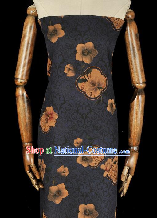 Top Cheongsam Gambiered Guangdong Gauze Chinese Traditional Cloth Fabric Classical Flowers Pattern Navy Silk Material