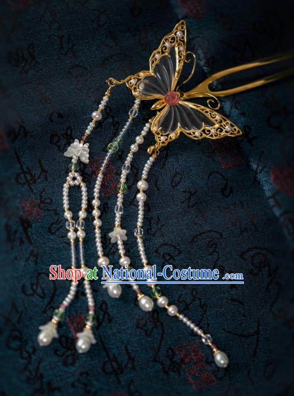 China Traditional Hanfu Crystal Butterfly Tassel Hairpin Ancient Ming Dynasty Gilding Hair Jewelry Hair Accessories