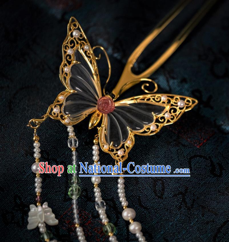 China Traditional Hanfu Crystal Butterfly Tassel Hairpin Ancient Ming Dynasty Gilding Hair Jewelry Hair Accessories