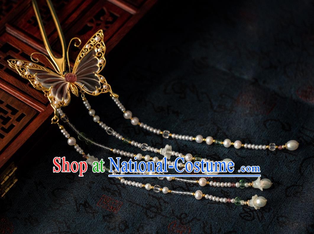 China Traditional Hanfu Crystal Butterfly Tassel Hairpin Ancient Ming Dynasty Gilding Hair Jewelry Hair Accessories