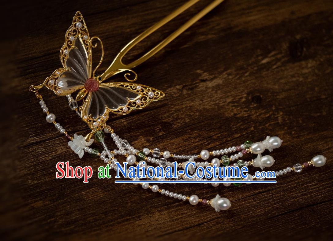 China Traditional Hanfu Crystal Butterfly Tassel Hairpin Ancient Ming Dynasty Gilding Hair Jewelry Hair Accessories