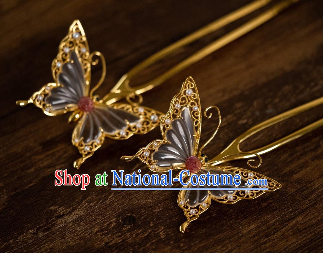 China Traditional Hanfu Crystal Butterfly Tassel Hairpin Ancient Ming Dynasty Gilding Hair Jewelry Hair Accessories