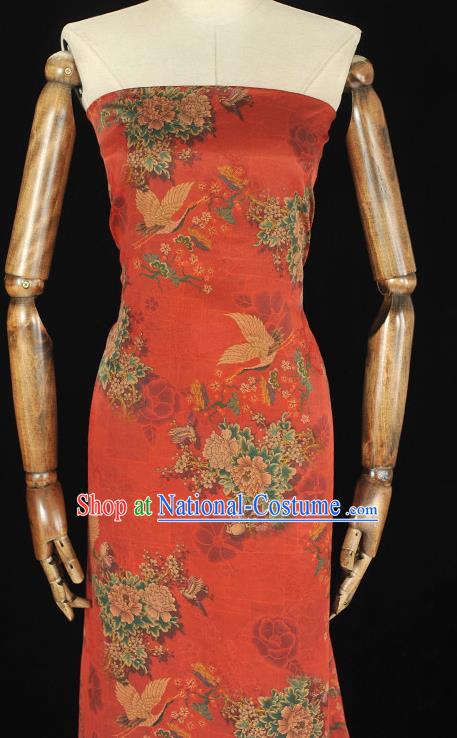 Chinese Cheongsam Gambiered Guangdong Gauze Traditional Top Cloth Fabric Classical Peony Crane Pattern Red Silk Material